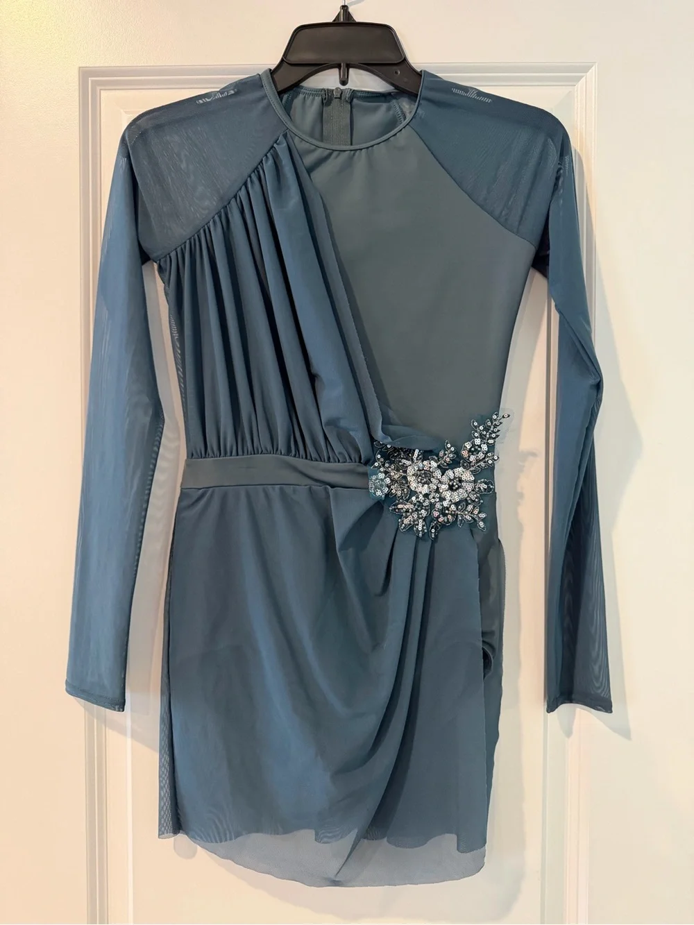 Teal Blue Embellished Long-Sleeve dance costume